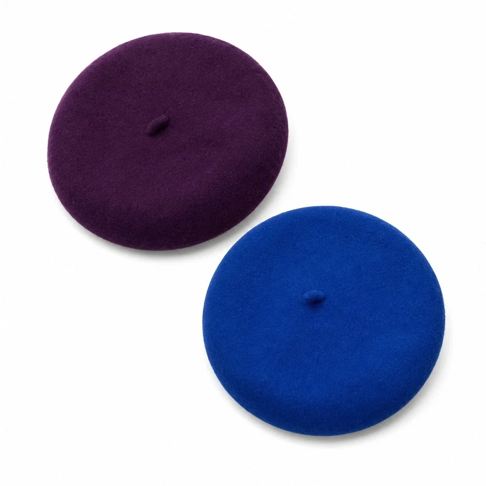 Chic Parisian Beret Hat Set 2 100% Wool Blue Purple French Artist Dark Academia